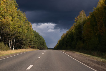 Asphalt road among the yellow autumn trees and cloudy sky