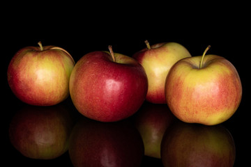 Group of four whole red apple jonagold isolated on black glass