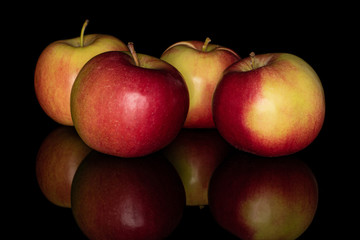 Group of four whole red apple jonagold isolated on black glass