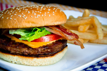 Classic grilled beef cheeseburger with melted cheese and toasted bun, showcasing juicy textures in a gourmet style.