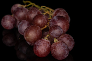 Lot of whole fresh purple grape rose cluster isolated on black glass