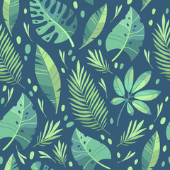 Vector illustration, flat design. Tropical leaf pattern on dark background