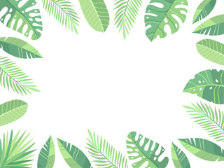 Fototapeta na wymiar Vector illustration. Green plants, exotic leaves, banana leaf, areca palm, botany, flora. Tropical frame, place for your text.