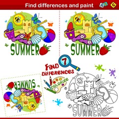 Set for children and schoolchildren. Find the difference in the picture and color it. Summer picture with drawings of a butterfly, a sand castle, a cockleshell, a ball and a bucket with a shovel.