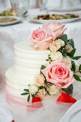 Big sweet wedding cake for newlyweds