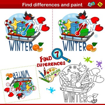 Set for children and schoolchildren. Find the difference in the picture and color it. Winter picture with the image, sled, gift, star, candy, thermometer, mittens and bullfinch.