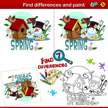 Set for children and schoolchildren. Find the difference in the picture and color it. Spring picture depicting a birdhouse and a flying prince, a melting snowman and a paper boat.