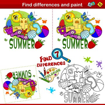 Set for children and schoolchildren. Find the difference in the picture and color it. Summer picture with drawings of a butterfly, a sand castle, a cockleshell, a ball and a bucket with a shovel.