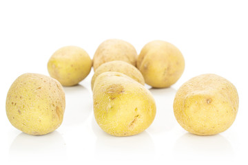 Lot of whole raw brown potato isolated on white background