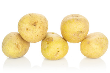Group of five whole raw brown potato isolated on white background