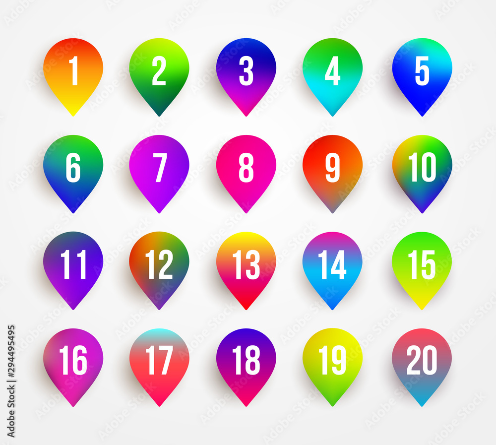 Poster arrow bullet point colorful 3d markers with number 1 to 20. gradient vector illustration. isolated o