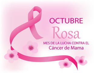 Pink October breast cancer awareness month in Spanish. Octubre rosa mes de la lucha contra el cancer de mama. Pink ribbon with flowers.