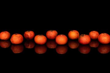 Lot of whole bright wild orange rowanberry in row isolated on black glass