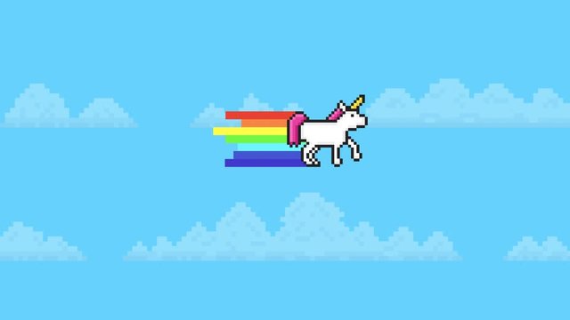 Pixel art. Arcade unicorn with Rainbow. Moving Clouds on a blue sky. Retro game style. 4K resolution.