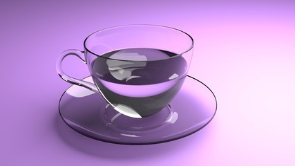 Glass cup on a plate with crystal clear water. View from side, gentle lightning. With copy space. On bright clean purple, ping background. 3D rendering illustration. Classic coffee mug with handle.
