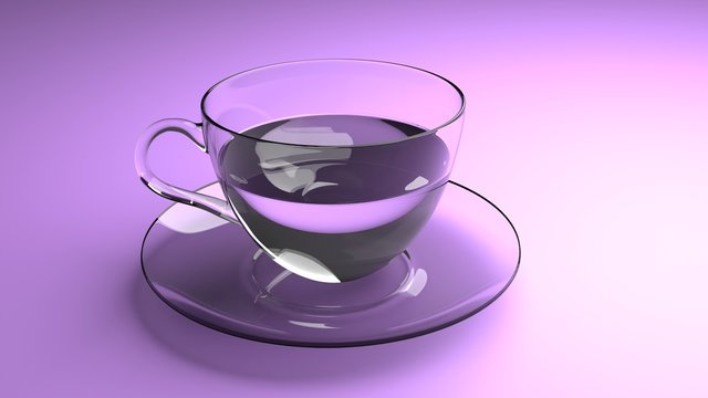 Glass cup on a plate with crystal clear water. View from side, gentle lightning. With copy space. On bright clean purple, ping background. 3D rendering illustration. Classic coffee mug with handle.