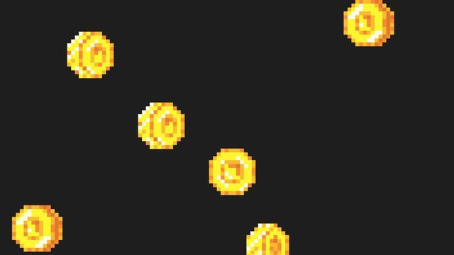 Rain from the golden coins. Pixel art. Retro game style. 4K resolution.