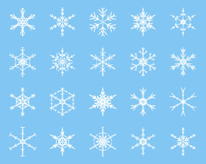 Fototapeta na wymiar Winter Snowflake vector elements collection. White silhouette on blue background.