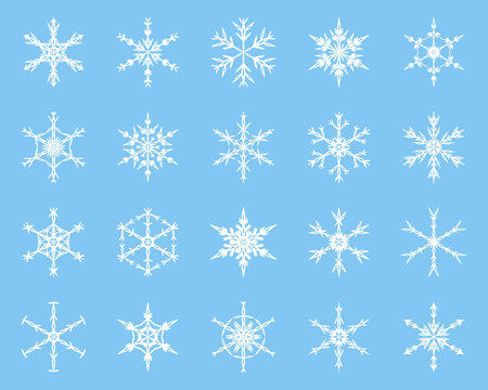Winter Snowflake vector elements collection. White silhouette on blue background.