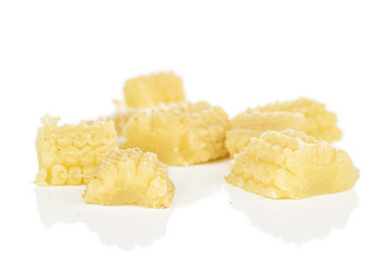 Group of six pieces of baby yellow corn isolated on white background