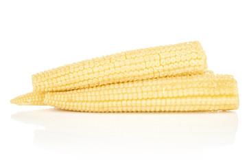 Group of three whole baby yellow corn isolated on white background