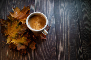 Cup of cafe latte on a wooden background. Blogging workshop concept. Top view.