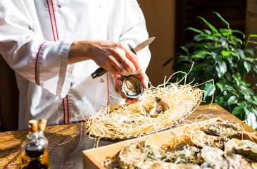 chef opens fresh oyster in a restaurant