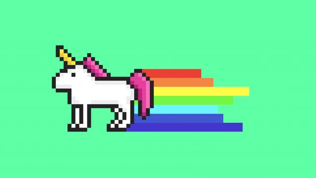 Pixel art. Arcade unicorn with Rainbow. Moving Clouds on a blue sky. Retro game style. Alpha channel. 4K resolution.