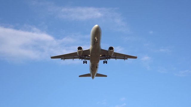 Modern passenger plane flies overhead, exactly in the center of the frame. In the background there is a beautiful blue sky and white clouds. The airplane is landing, taking off. Ultra HD stock footage