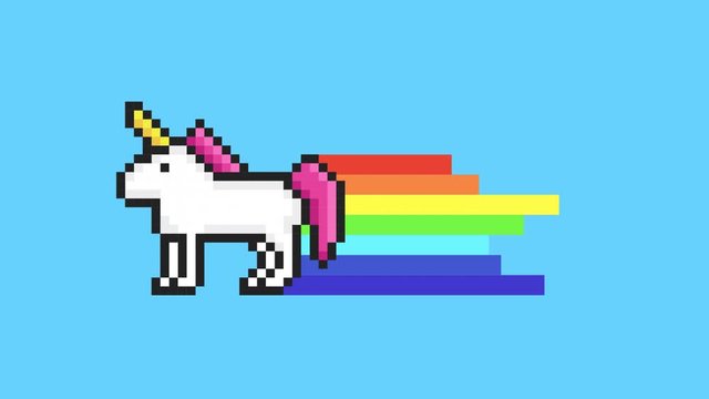 Pixel art. Arcade unicorn with Rainbow. Moving Clouds on a blue sky. Retro game style. 4K resolution.