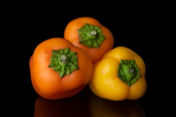 Group of three whole fresh pepper arranged isolated on black glass