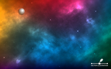 Space background realistic. Infinite universe with shining stars. Colorful cosmos with milky way and stardust. Starry color galaxy. Magic blue nebula. Vector illustration