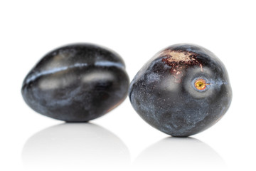 Group of two whole fresh purple plum isolated on white background