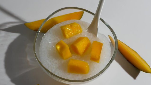 Healthy tapioca pearls pudding dessert with coconut milk and mango.