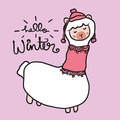Llama female, hello winter cartoon vector illustration