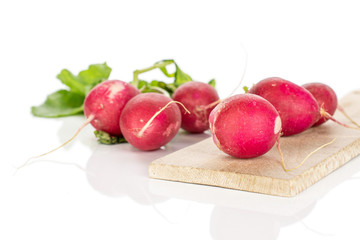 Group of six whole fresh red radish on wooden board isolated on white background