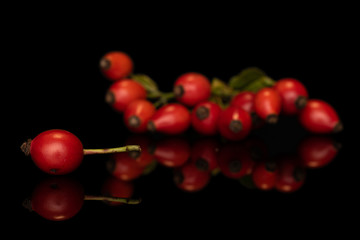 Lot of whole fresh red rosehip isolated on black glass