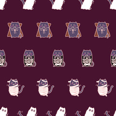 Halloween kawaii cats, dressed up, super cute, happy cartoon characters, colorful dark seamless pattern. Spooky costumes halloween design for backgrounds, textile, wrapping paper and wallpaper