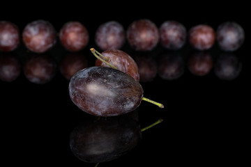 Lot of whole sweet purple plum in row isolated on black glass