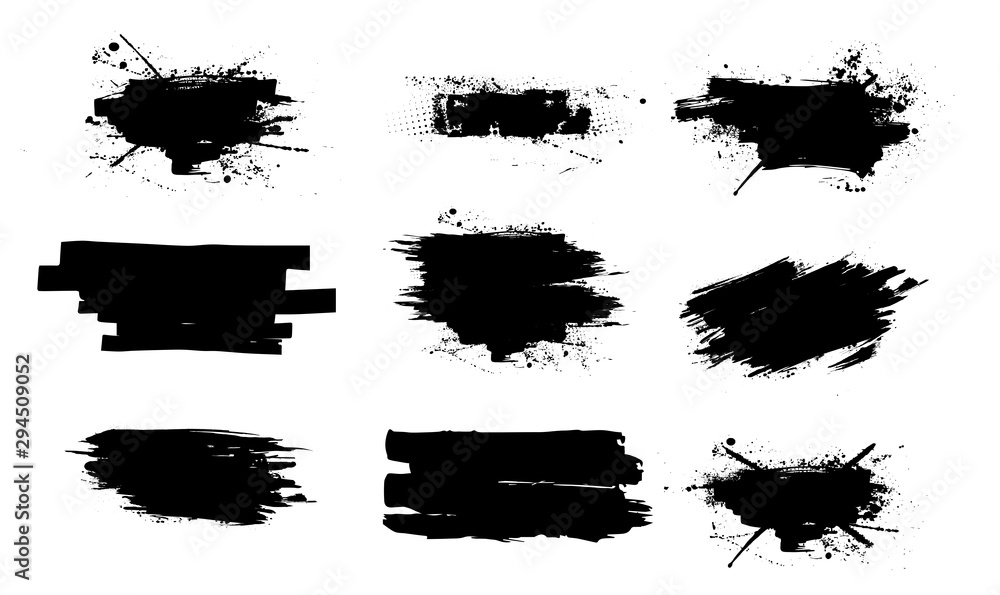 Poster Ink splashes set.High level of tracing. Black inked splatter dirt stain splatter spray splash with drops blots isolated vector grunge silhouette set. Vector collection