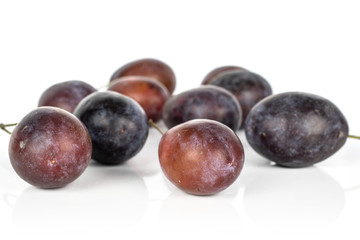 Lot of whole sweet purple plum isolated on white background