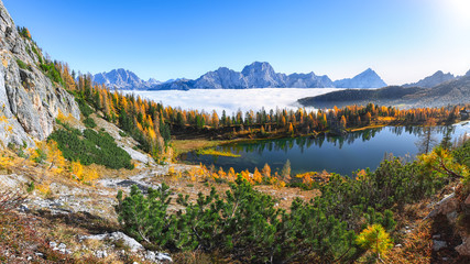 Wonderfull autumn view of  Lake Federa in Dolomites