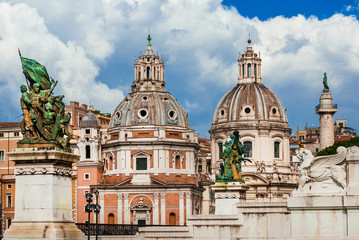 Fototapeta na wymiar Piazza Venezia (Venice Square) old monuments among clouds in the very center of Rome