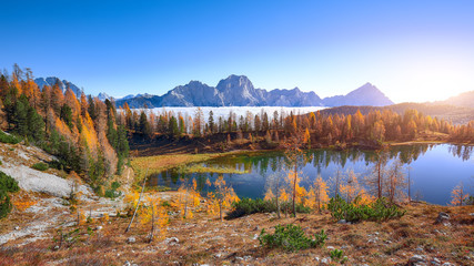 Wonderfull autumn view of  Lake Federa in Dolomites