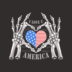 I LOVE YOU AMERICA FOREVER SKULL BONES SKELETON HAND ARTWORK EDITABLE LAYERS VECTOR