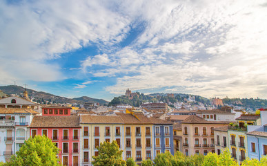 Fototapeta na wymiar Aerial view of Granada historic city center close to Alhambra hill and historic city center