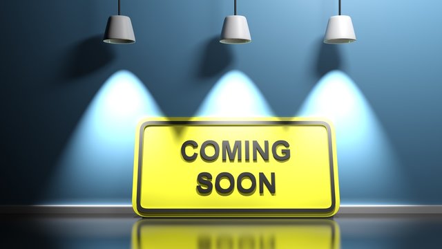 COOMING SOON yellow sign board at blue wall - 3D rendering illustration