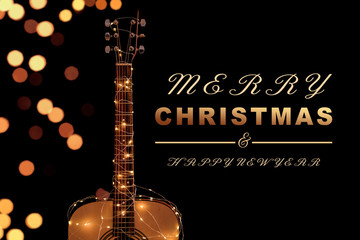 Guitar with glowing Christmas garland on dark background