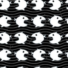 Vector seamless pattern with abstract fishes on an black background. Vector illustration for greeting card or poster.