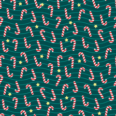 Seamless christmas pattern with caramel cane and stars on a green background. Cute vector illustration. Poster for your business design.